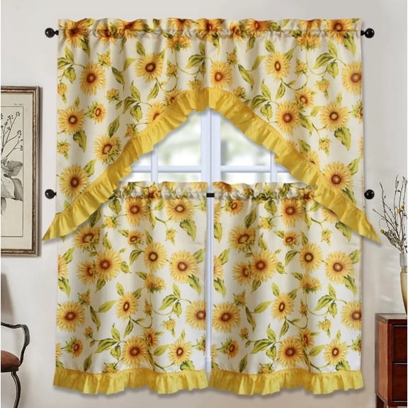 3 Piece Kitchen Curtain Swag Set, Window Treatment Sunflower Printed Design Mirasol