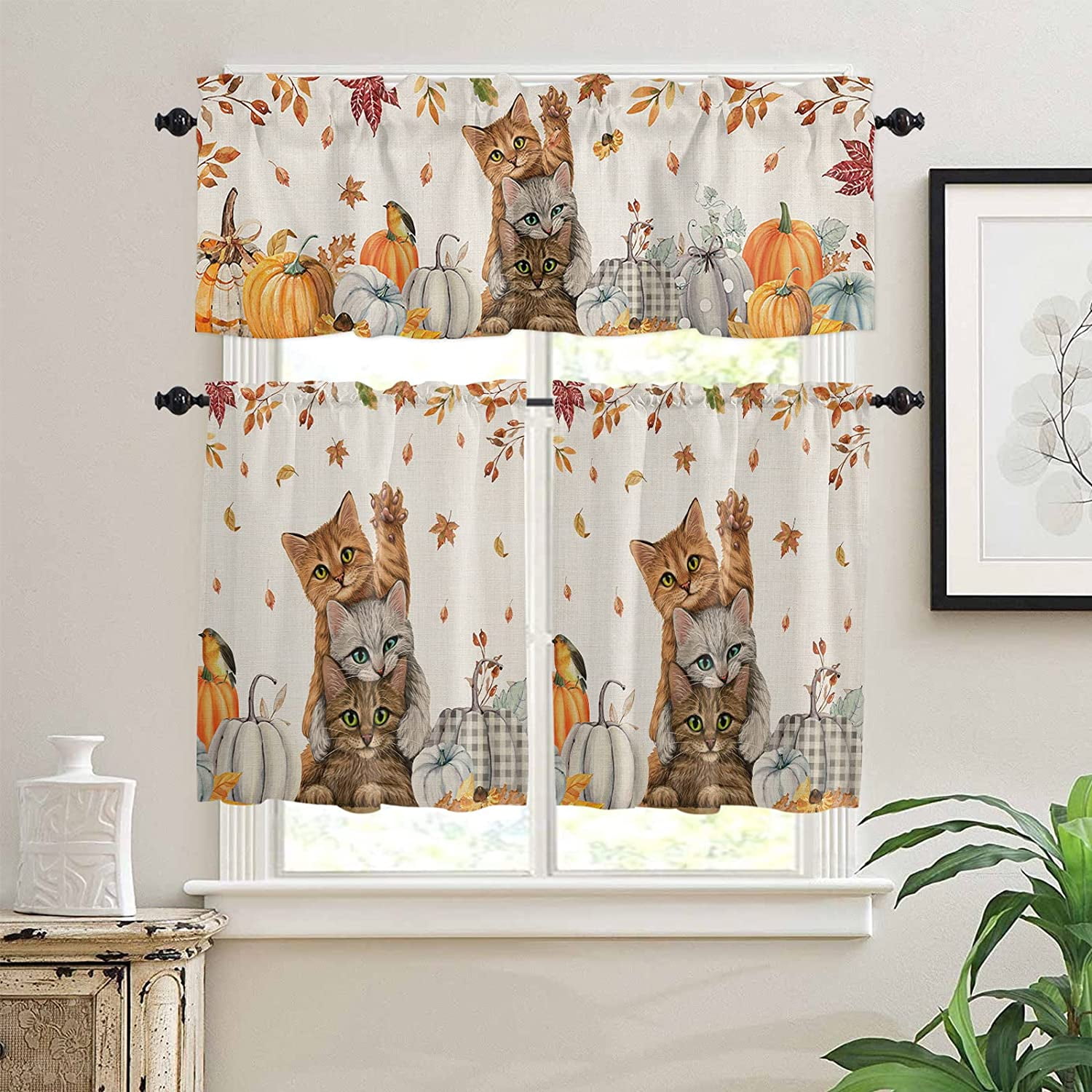 3 Piece Kitchen Curtain and Valances Set, Thanksgiving Kitchen Curtains