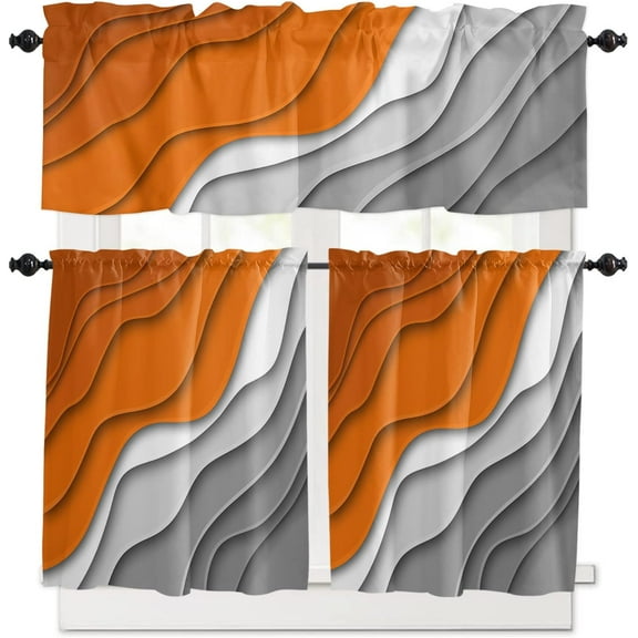 3 Piece Kitchen Curtains Set Fall Orange Grey Modern Geometric Window Treatment Tiers Abstract Ombre Rod Pocket Valance Sets for Kitchen Small Windows Bedroom 54 in x 24 in