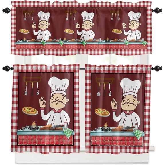 3 Piece Kitchen Curtains Tiers and Valances Set, Kitchen Decor Cartoon Chef Gourmet Food Dinner Table Wine Red Buffalo Check Rod Pocket Short Window Treatment Tiers Curtains Panel and Valance for Cafe