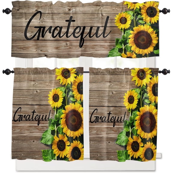 3 Piece Kitchen Curtains Tiers and Valances Set, Farm Retro Newspaper Sunflower Dragonfly Bee Rod Pocket Short Window Treatment Tiers Curtains Panel and Valance for Cafe Bathroom