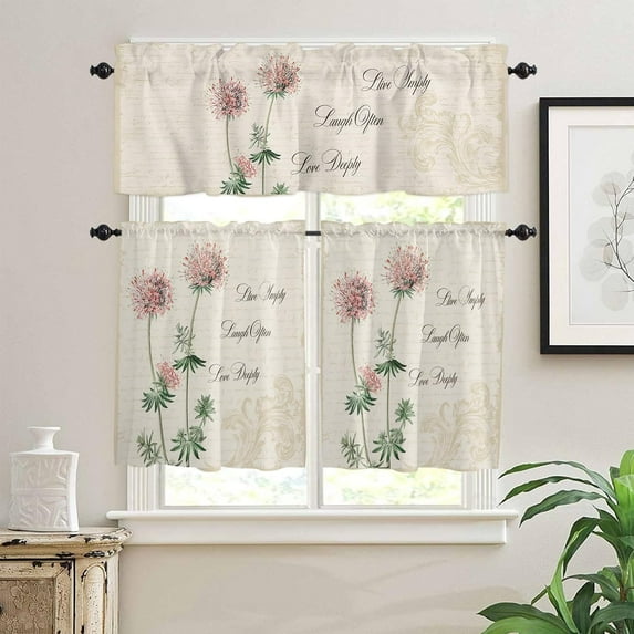 3 Piece Kitchen Curtains Tiers and Valances Set, Live Simply Laugh Often Love Deeply Flowers Print Vintage Farmhouse Decor Rod Pocket Short Window Treatment Tiers and Valance for Cafe Bathroom