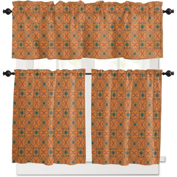 3 Piece Kitchen Curtains Tiers and Valances Set, Thanksgiving Autumn Orange Tones Bohemian Floral Print Boho Rod Pocket Short Window Treatment Tiers Curtains Panel and Valance for Cafe Bathroom