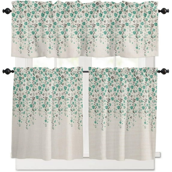 3 Piece Kitchen Curtains Tiers and Valances Set, Yellow Gray Flower Vintage Floral Print Spring Summer Rod Pocket Short Window Treatment Tiers Curtains Panel and Valance for Cafe Bathroom