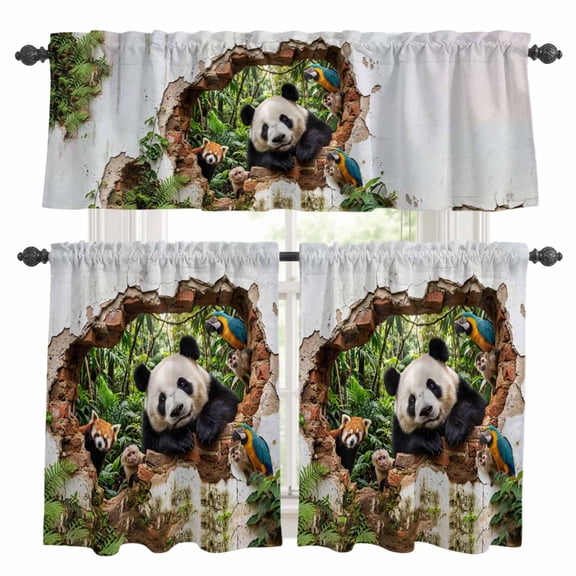 3 Piece Kitchen Curtains and Valances Set 3D Forest Cafe Curtains 36 Inch Length Modern Nature Optical Illusion Wild Animals Valance & Tier Curtain for Living Room Bedroom Window 54"x18"+27"x36"*2