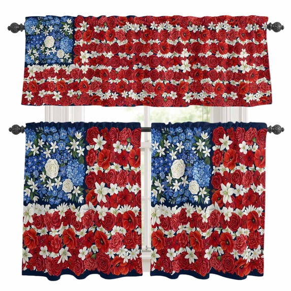 3 Piece Kitchen Curtains and Valances Set 4th of July Floral Cafe ...
