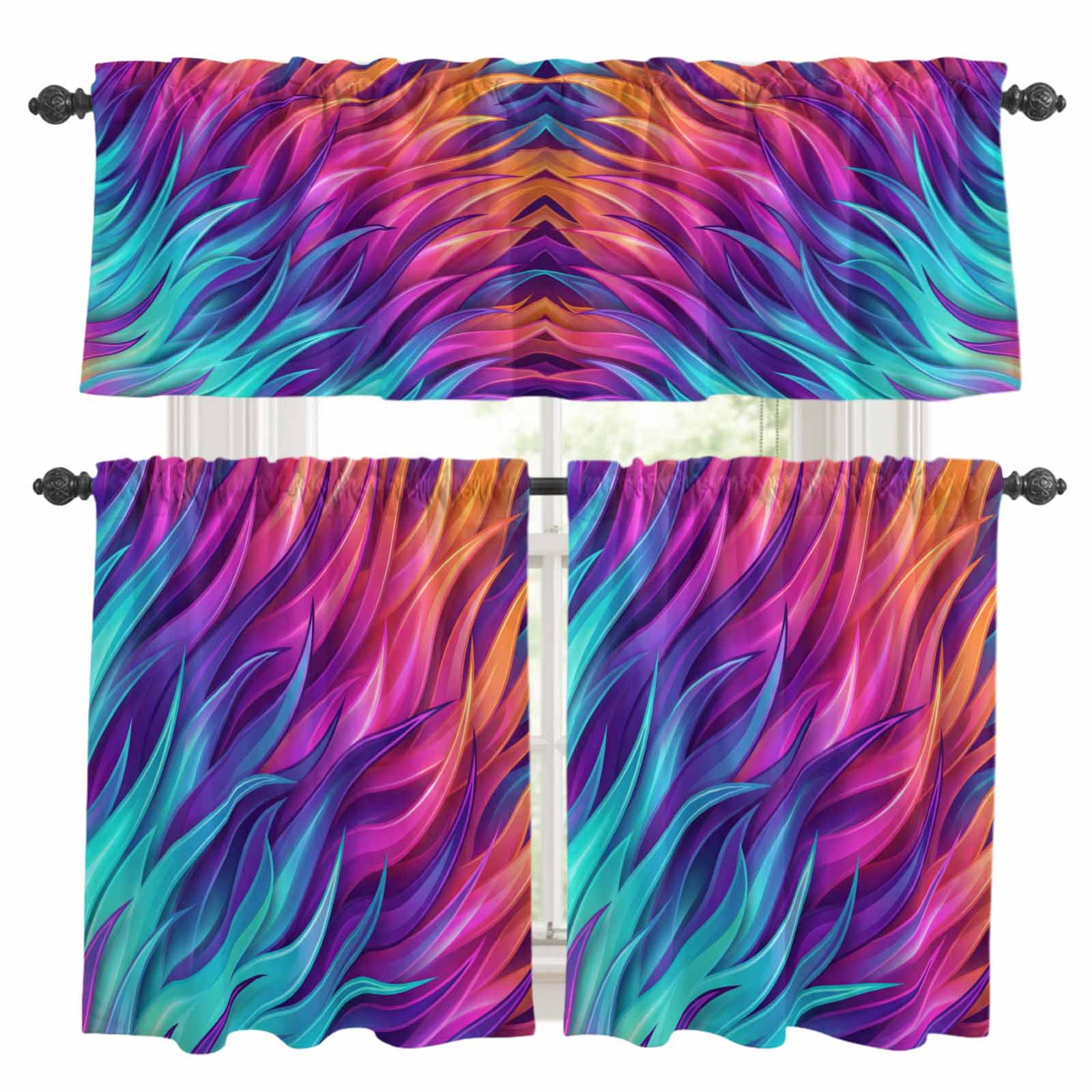 3 Piece Kitchen Curtains and Valances Set Abstract Flame Cafe Curtains ...