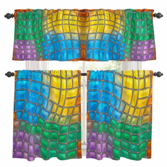 3 Piece Kitchen Curtains and Valances Set Abstract Glass Cafe Curtains 36 Inch Length Colorful Geometric Plaid Gradient Art Valance & Tier Curtain for Living Room Bedroom Window 54"x18"+27"x36"*2