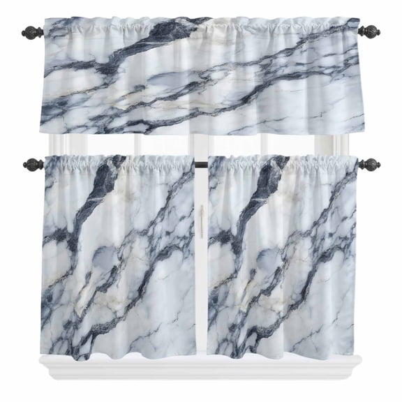3 Piece Kitchen Curtains and Valances Set Abstract Marble Cafe Curtains 24 Inch Length Modern Ink Painted Aesthetics Luxury Valance & Tier Curtain for Living Room Bedroom Window 54"x18"+27"x24"*2