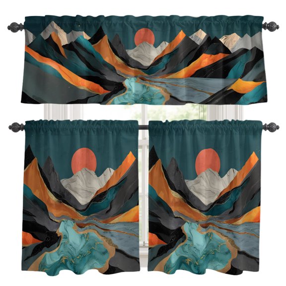 3 Piece Kitchen Curtains and Valances Set Abstract Mountain Peaks Cafe Curtains 24 Inch Length Boho Red Sun Turquoise River Retro Art Valance & Tier Curtain for Living Room Bedroom 54"x18"+27"x24"*2