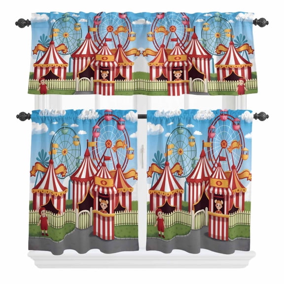 3 Piece Kitchen Curtains and Valances Set Amusement Park Cafe Curtains 36 Inch Length Cute Cartoon Wheelwheels Circus Valance & Tier Curtain for Living Room Bedroom Small Window 54"x18"+27"x36"*2