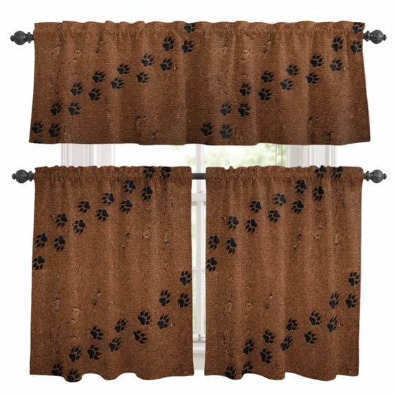 3 Piece Kitchen Curtains and Valances Set Animal Paw Prints Cafe Curtains 36 Inch Length Cute Pet Footprints Mud Minimalist Brown Valance & Tier Curtain for Living Room Bedroom 54"x18"+27"x36"*2