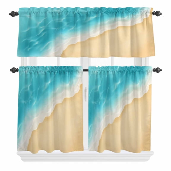 3 Piece Kitchen Curtains and Valances Set Aqua Blue Beach Cafe Curtains 24 Inch Length Summer Seaside Ombre Valance & Tier Curtain for Living Room Bedroom Small Window 54"x18"+27"x24"*2