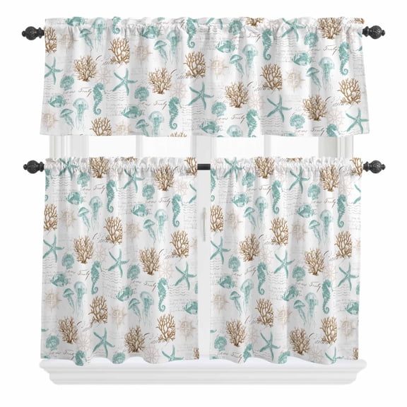 3 Piece Kitchen Curtains and Valances Set Aqua Coastal Cafe Curtains 36 Inch Length Farmhouse Ocean Seahorse Coral Starfish Valance & Tier Curtain for Living Room Bedroom Window 54"x18"+27"x36"*2