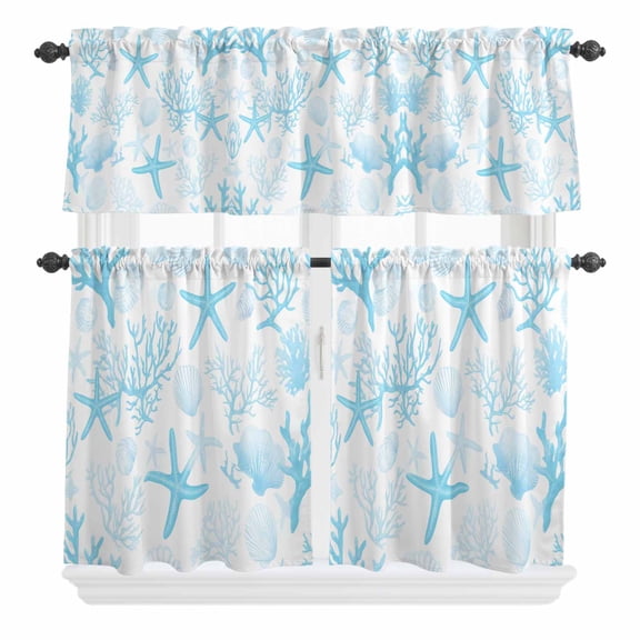 3 Piece Kitchen Curtains and Valances Set Aqua Coastal Cafe Curtains 36 Inch Length Nautical Summer Beach Starfish Coral Valance & Tier Curtain for Living Room Bedroom Small Window 54"x18"+27"x36"*2