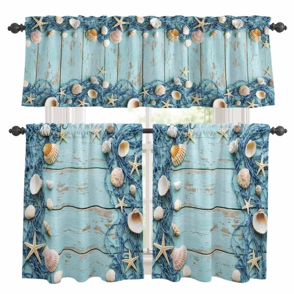 3 Piece Kitchen Curtains and Valances Set Aqua Deck Coastal Cafe Curtains 36 Inch Length Summer Beach Starfish Conch Fishing Net Valance & Tier Curtain for Living Room Bedroom 54"x18"+27"x36"*2