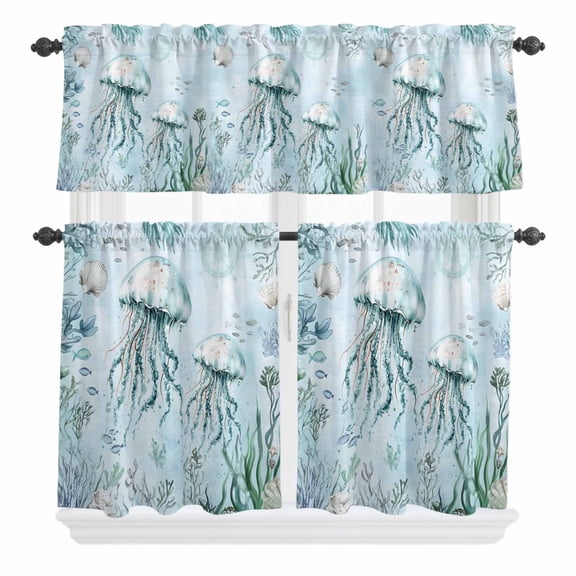 3 Piece Kitchen Curtains and Valances Set Aqua Jellyfish Cafe Curtains 24 Inch Length Coastal Nautical Ocean Shells Seaweed Valance & Tier Curtain for Living Room Bedroom Window 54"x18"+27"x24"*2