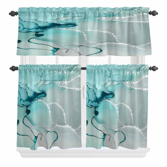 3 Piece Kitchen Curtains and Valances Set Aqua Marble Cafe Curtains 24 Inch Length Modern Abstract Gradient Water Fluid Art Valance & Tier Curtain for Living Room Bedroom Window 54"x18"+27"x24"*2