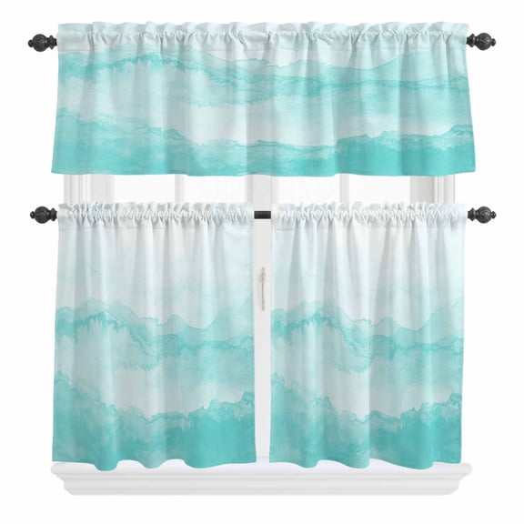 3 Piece Kitchen Curtains and Valances Set Aqua Ombre Mountain Cafe Curtains 24 Inch Length Nature Abstract Art Marble Gradient Valance & Tier Curtain for Living Room Bedroom Window 54"x18"+27"x24"*2