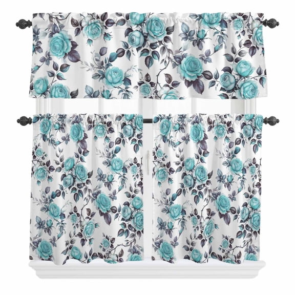 3 Piece Kitchen Curtains and Valances Set Aqua Rose Cafe Curtains 24 Inch Length Rustic Romantic Botanical Floral Vines Art Valance & Tier Curtain for Living Room Bedroom Window 54"x18"+27"x24"*2