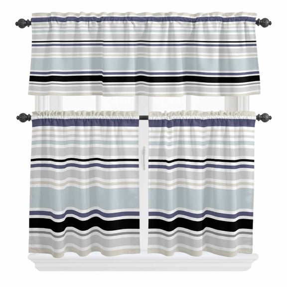 3 Piece Kitchen Curtains and Valances Set Aqua Stripe Cafe Curtains 24 Inch Length Modern Abstract Art Black Striped Rustic Valance & Tier Curtain for Living Room Bedroom Window 54"x18"+27"x24"*2