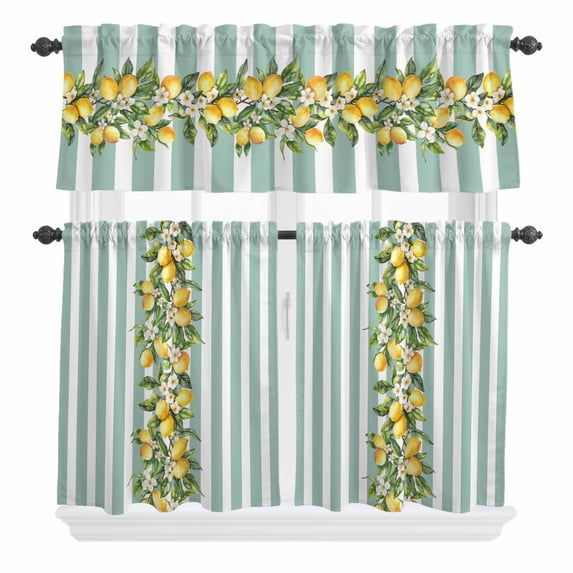 3 Piece Kitchen Curtains and Valances Set Aqua Stripes Lemon Cafe Curtains 36 Inch Length Spring Botanical Plant Vertical Line Valance & Tier Curtain for Living Room Bedroom Window 54"x18"+27"x36"*2