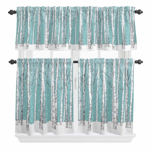 3 Piece Kitchen Curtains and Valances Set Aqua Tree Trunk Cafe Curtains 24 Inch Length Farmhouse Forest Snow Abstract Valance & Tier Curtain for Living Room Bedroom Small Window 54"x18"+27"x24"*2