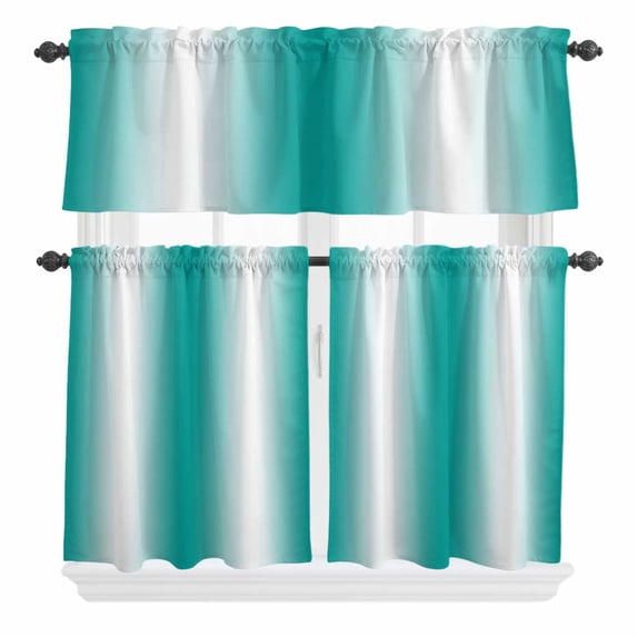 3 Piece Kitchen Curtains and Valances Set Aqua White Ombre Cafe Curtains 24 Inch Length Gradient Abstract Minimalist Aesthetic Valance & Tier Curtain for Living Room Bedroom Window 54"x18"+27"x24"*2