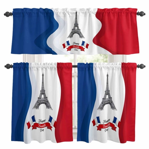 3 Piece Kitchen Curtains and Valances Set Bastille Day Cafe Curtains 24 Inch Length July 14 Red Blue Modern Art Valance & Tier Curtain for Living Room Bedroom Small Window 54"x18"+27"x24"*2