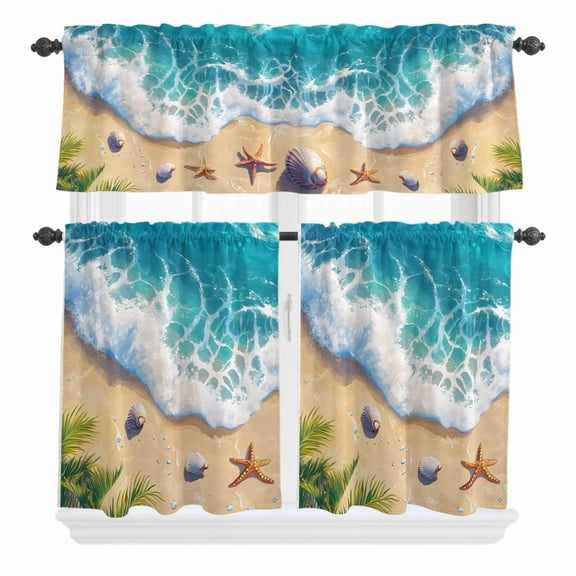 3 Piece Kitchen Curtains and Valances Set Beach Coastal Cafe Curtains 24 Inch Length Aqua Summer Nautical Seaside Starfish Valance & Tier Curtain for Living Room Bedroom Window 54"x18"+27"x24"*2