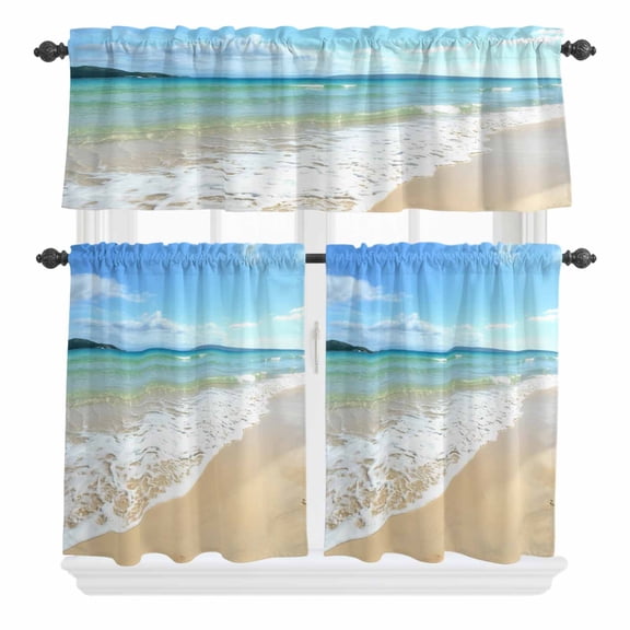 3 Piece Kitchen Curtains and Valances Set Beach Ocean Cafe Curtains 24 Inch Length Nature Sand Sky Sea Waves Landscape Valance & Tier Curtain for Living Room Bedroom Small Window 54"x18"+27"x24"*2