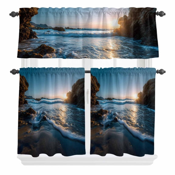 3 Piece Kitchen Curtains and Valances Set Beach Reef Cafe Curtains 24 Inch Length Shiny Sunset Ocean Waves Natural Seaside Valance & Tier Curtain for Living Room Bedroom Window 54"x18"+27"x24"*2