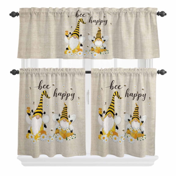 3 Piece Kitchen Curtains and Valances Set Bee Gnomes Cafe Curtains 36 Inch Length Farmhouse Spring Daisy Honey Flowers Valance & Tier Curtain for Living Room Bedroom Small Window 54"x18"+27"x36"*2