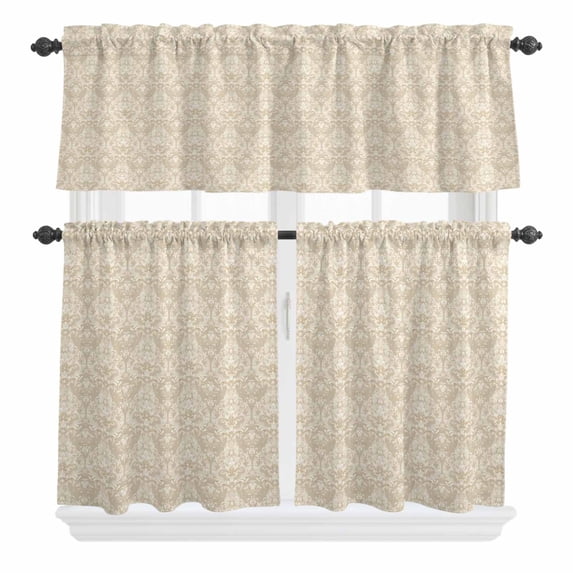 3 Piece Kitchen Curtains and Valances Set Beige Baroque Cafe Curtains 36 Inch Length Retro Farmhouse Abstract Scroll Floral Valance & Tier Curtain for Living Room Bedroom Window 54"x18"+27"x36"*2
