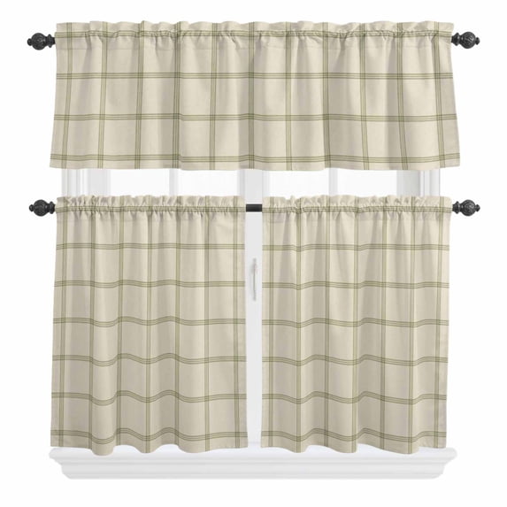 3 Piece Kitchen Curtains and Valances Set Beige Plaid Cafe Curtains 36 Inch Length Vintage Grid Stripe Minimalist Art Linen Valance & Tier Curtain for Living Room Bedroom Window 54"x18"+27"x36"*2