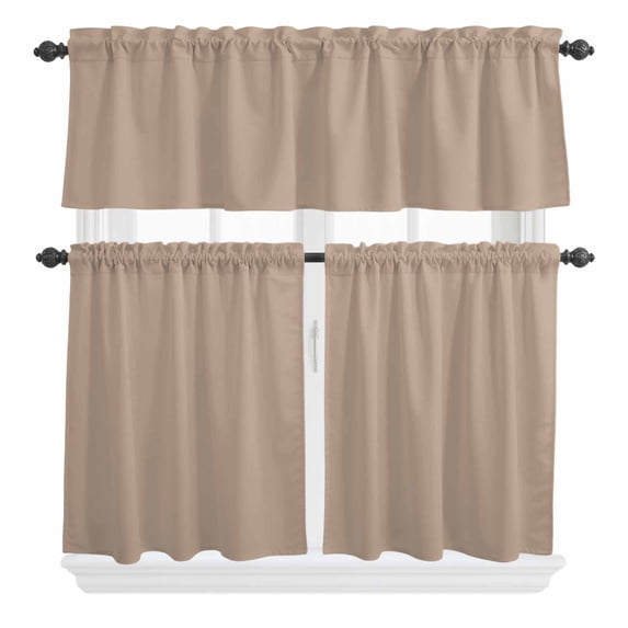 3 Piece Kitchen Curtains and Valances Set Beige Solid Color Cafe Curtains 36 Inch Length Aesthetics Contemporary Luxury Valance & Tier Curtain for Living Room Bedroom Small Window 54"x18"+27"x36"*2