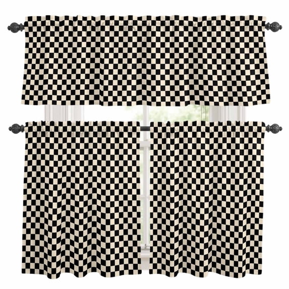 3 Piece Kitchen Curtains and Valances Set Black Beige Checkered Cafe ...