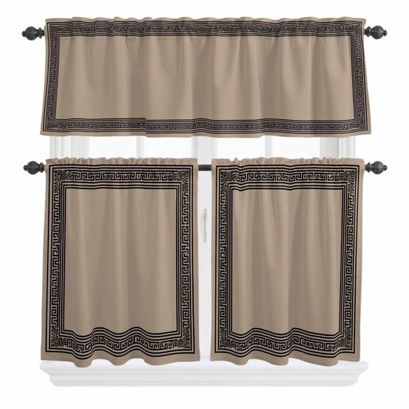 3 Piece Kitchen Curtains and Valances Set Black Brown Greek Key Cafe Curtains 36 Inch Length Geometric Greece Ancient Farmhouse Geo Valance & Tier Curtain for Living Room Bedroom 54"x18"+27"x36"*2