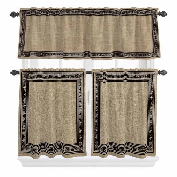 3 Piece Kitchen Curtains and Valances Set Black Brown Retro Greek Key Cafe Curtains 24 Inch Length Geometric Greece Ancient Rustic Valance & Tier Curtain for Living Room Bedroom 54"x18"+27"x24"*2