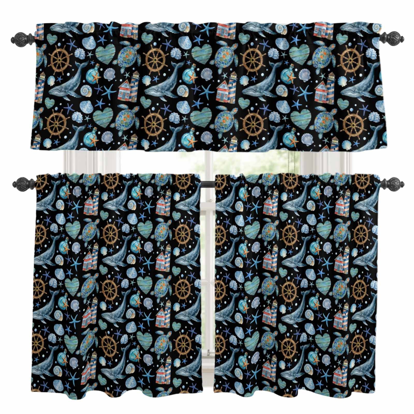 3 Piece Kitchen Curtains and Valances Set Black Coastal Cafe Curtains ...