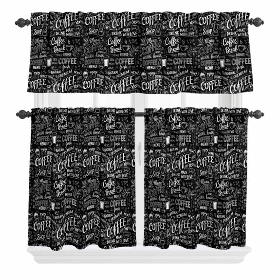3 Piece Kitchen Curtains and Valances Set Black Coffee Cafe Curtains 24 Inch Length Farmhouses Modern Simple Cup Plants Valance & Tier Curtain for Living Room Bedroom Small Window 54"x18"+27"x24"*2