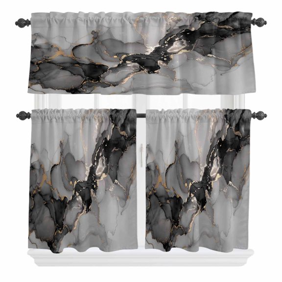 3 Piece Kitchen Curtains and Valances Set Black Gold Marble Cafe Curtains 36 Inch Length Vintage Abstract Geometric Gradient Valance & Tier Curtain for Living Room Bedroom Window 54"x18"+27"x36"*2