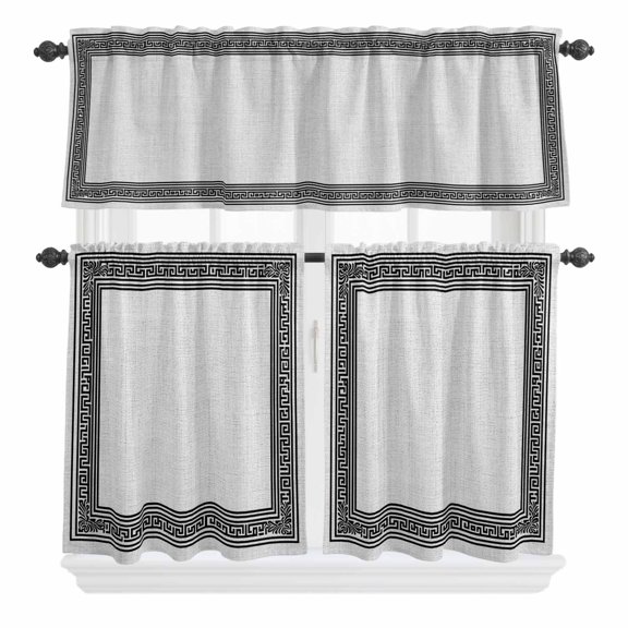 3 Piece Kitchen Curtains and Valances Set Black Gray Retro Greek Key Cafe Curtains 24 Inch Length Greece Ancient Rustic Geometric Valance & Tier Curtain for Living Room Bedroom 54"x18"+27"x24"*2