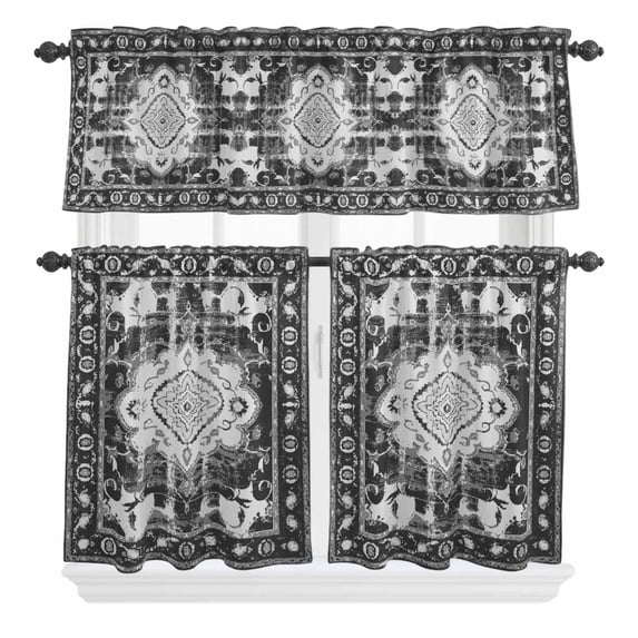 3 Piece Kitchen Curtains and Valances Set Black Grey Cafe Curtains 36 Inch Length Boho Vintage Print Distressed Brick Patterns Valance & Tier Curtain for Living Room Bedroom Window 54"x18"+27"x36"*2