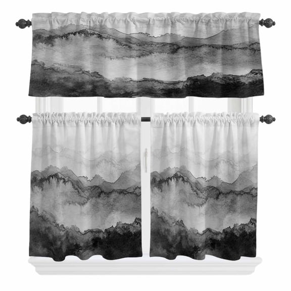 3 Piece Kitchen Curtains and Valances Set Black Ombre Mountain Cafe Curtains 24 Inch Length Nature Abstract Art Marble Gradient Valance & Tier Curtain for Living Room Bedroom Window 54"x18"+27"x24"*2