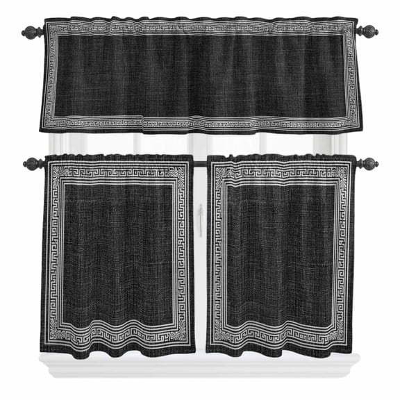 3 Piece Kitchen Curtains and Valances Set Black Retro Greek Key Cafe Curtains 24 Inch Length Greece Ancient Rustic Geometric Valance & Tier Curtain for Living Room Bedroom Window 54"x18"+27"x24"*2