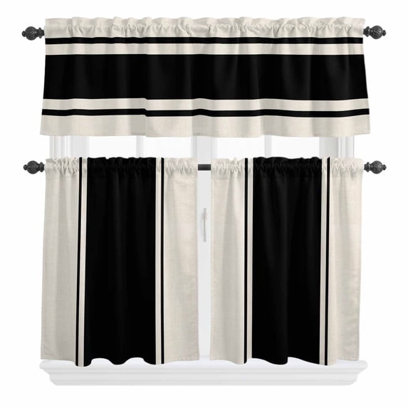 3 Piece Kitchen Curtains and Valances Set Black Vintage Cafe Curtains 36 Inch Length Geometric Stripes Simple Lines Valance & Tier Curtain for Living Room Bedroom Small Window 54"x18"+27"x36"*2