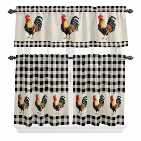 3 Piece Kitchen Curtains and Valances Set Black White Plaid Rooster Cafe Curtains 24 Inch Length Vintage Farmhouse Checkered Rustic Valance & Tier Curtain for Living Room Bedroom 54"x18"+27"x24"*2