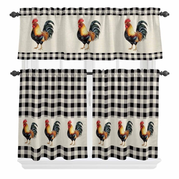 3 Piece Kitchen Curtains and Valances Set Black White Plaid Rooster Cafe Curtains 36 Inch Length Vintage Farmhouse Checkered Rustic Valance & Tier Curtain for Living Room Bedroom 54"x18"+27"x36"*2