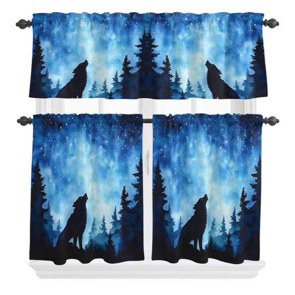3 Piece Kitchen Curtains and Valances Set Black Wolf Silhouette Cafe Curtains 24 Inch Length Abstract Starry Night Forest Valance & Tier Curtain for Living Room Bedroom Small Window 54"x18"+27"x24"*2